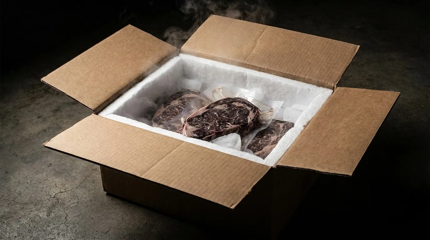 Geöffnete Versandbox: vakuumierte Steaks zwischen Trockeneis in einem Styroporeinsatz, darüber steigt Nebel auf